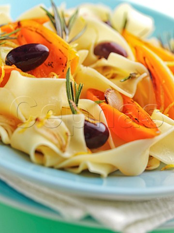 Pappardelle pasta with olives and orange bell peppers