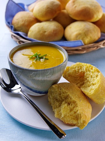 Pumpkin soup with fresh rolls
