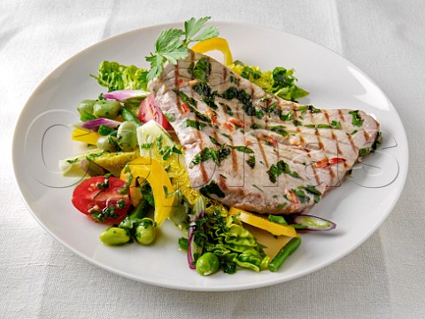 Plate of tuna steak with salad