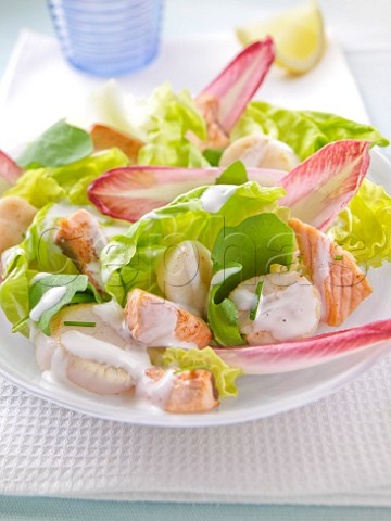 Salmon and scallop salad with dressing