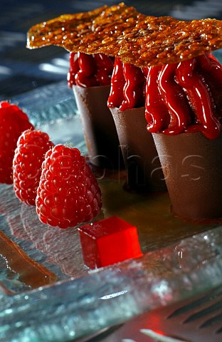 Chocolate cups with framboise sauce and cracknel