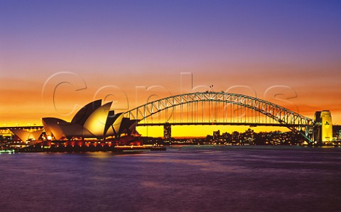 Opera House and Harbour Bridge at sunset Sydney New South Wales Australia