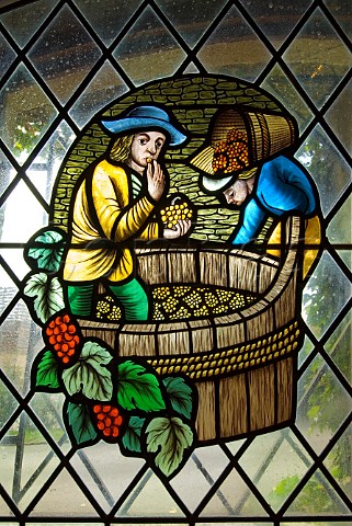 Stained glass window depicting historic wine worker treading the grapes in cellar during harvest LAlambic Restaurant and Caveau NuitsStGeorges Cte dOr France