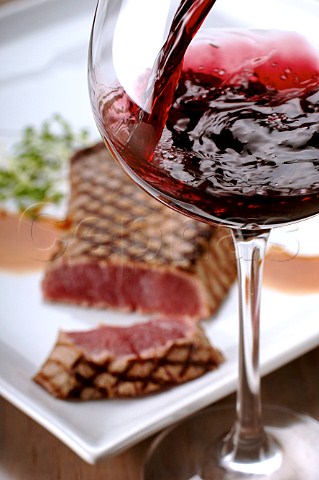 Glass of red wine and grilled steak