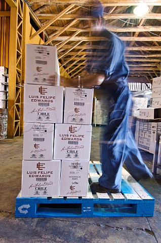 Stacking wine boxes at Luis Felipe Edwards winery Colchagua Valley Chile Rapel