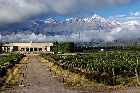 Bodegas Salentein winery and vineyard with snowcapped Andes mountains behind Tunuyan Mendoza Argentina