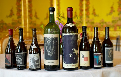 Bottle labels designed by Manfred Krankl of Sine Qua Non Winery Ventura Santa Barbara Co California