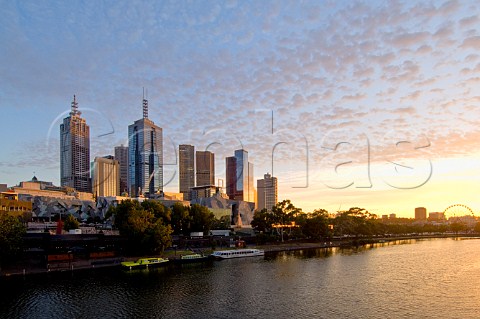 City skyline and Yarra River from Princes Bridge at sunrise Melbourne Victoria Australia
