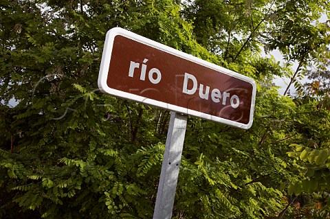 Ro Duero sign by bridge over the river at Peafiel Castilla y Len Spain  Ribera del Duero