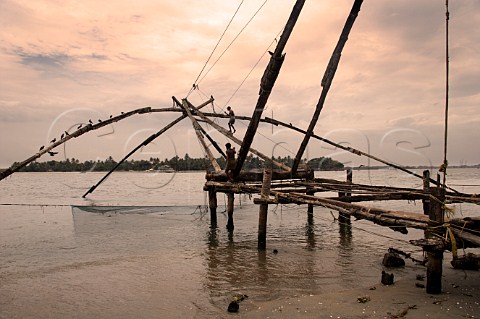 Chinese fishing nets along the northern shore of Fort Cochin Kochi Cochin Kerala India