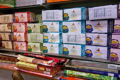 Herbal tea and incense sticks for sale inside the Spice Market in Jew Town Mattancherry Kochi Cochin Kerala India