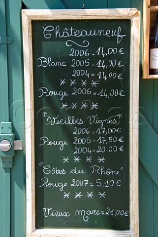 Price list on board outside cave in ChteauneufduPape Vaucluse France