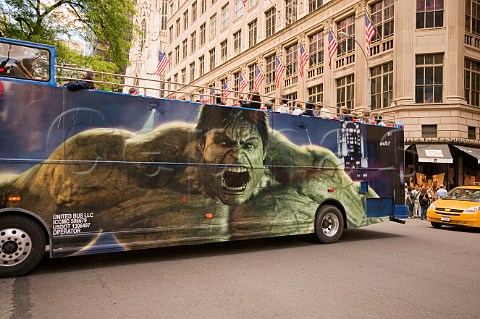Open city tour bus in midtown Manhattan near the Rockefeller Centre New York USA