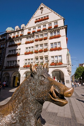 Bronze statue of wild boar at the entrance to the Hunting and Fishing museum Munich Bavaria Germany