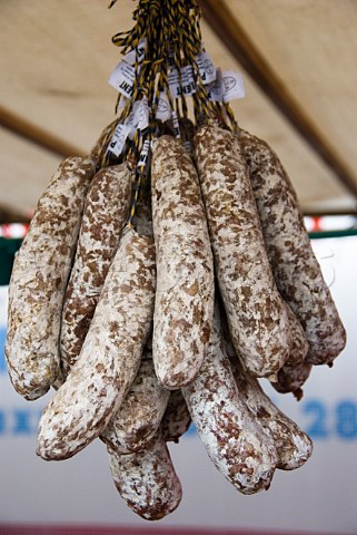 French saucisson on sale at a continental market in Malton North Yorkshire England