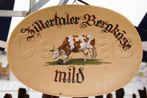 Sign for Austrian Zillertaler Bergkse cheese at a continental market in Malton North Yorkshire England