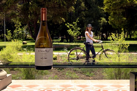 Bottle of Cono Sur Reserva chardonnay on table at the Cono Sur guesthouse with girl and bike the symbol of the estate  Chimbarongo Colchagua Valley Chile