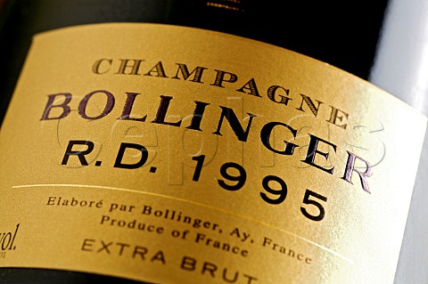 Detail of a bottle of Champagne Bollinger RD 1995  France  Champagne
