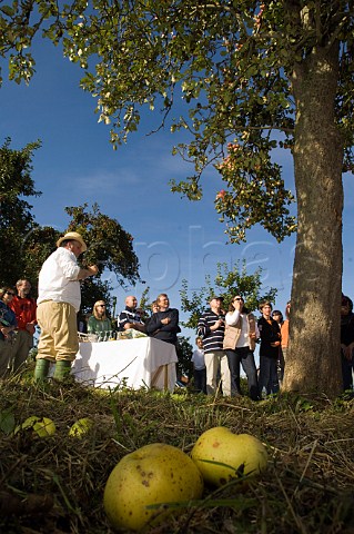 John Riddle conducts a public visit to a cider apple orchard of Riddles Cider Gloucestershire England