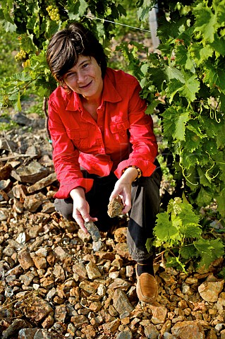 Birgit Braunstein winemaker with slate soil in her Goldberg vineyard  Purbach Burgenland Austria    NeusiedlerseeHgelland