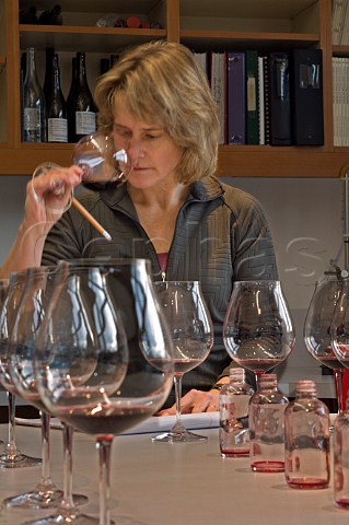Lynn PennerAsh tasting Pinot Noir in her winery  Newberg Yamhill County Oregon USA  Willamette Valley