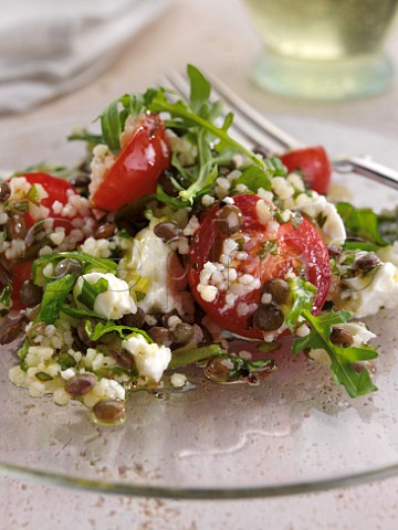 Salad with feta cheese couscous and lentils