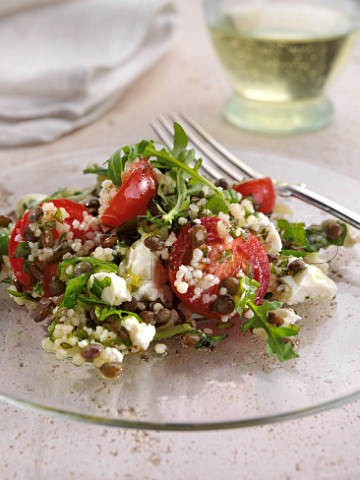 Salad with feta cheese couscous and lentils