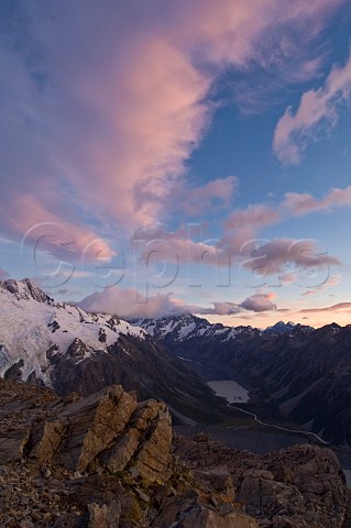 Mt Cook and Hooker Valley at dawn Mt Cook  Aoraki National Park South Island New Zealand