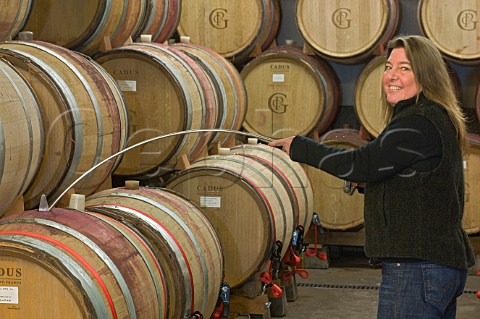 Winemaker Patty Green in barrel cellar at Patricia Green Winery   Newberg Oregon USA  Ribbon Ridge