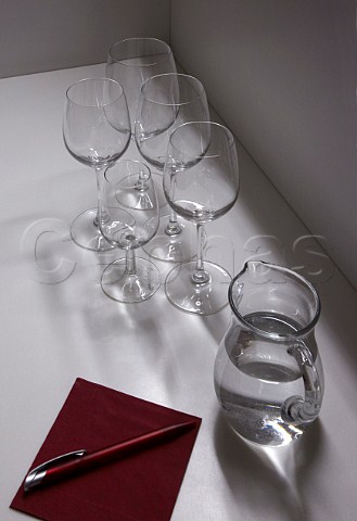 Wine glasses and jug of water set out for a wine tasting at the Laimburg winery    Vdena Alto Adige Italy  Alto Adige  Sdtirol