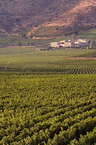 Vineyards and winery of Haras de Pirque  with foothills of the Andes Mountains behind Pirque Maipo Valley Chile