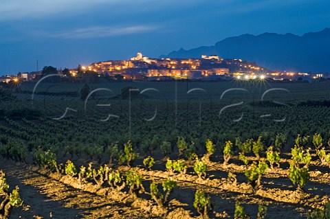 Laguardia village at dusk viewed over vineyards Alava Spain  Rioja Alavesa
