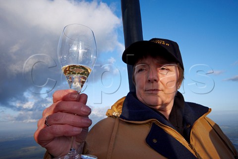 Margaret Everitt BSc MIFST in the Taittinger hotair balloon taking part in their altitudinal Champagne tasting to research the affect of altitude on the taste and bubbles