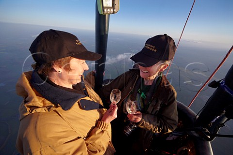 Margaret Everitt BSc MIFST and Helen Peacocke at nearly 7000 feet in the Taittinger hotair balloon taking part in their altitudinal Champagne tasting to research the affect of altitude on the taste and bubbles