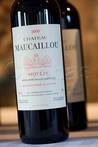 Bottle of Chteau Maucaillou at En Primeur tasting of the 2009 vintage    Moulis Bordeaux France
