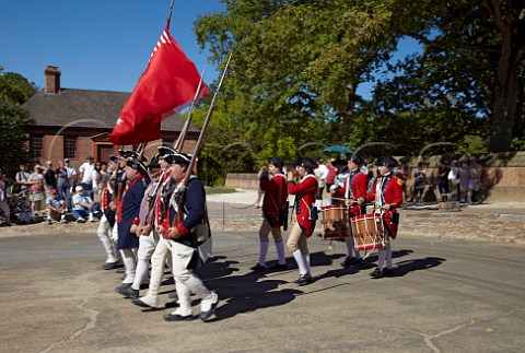 Soldiers with fife and drum band a historical reenactment in Colonial Williamsburg Virginia USA