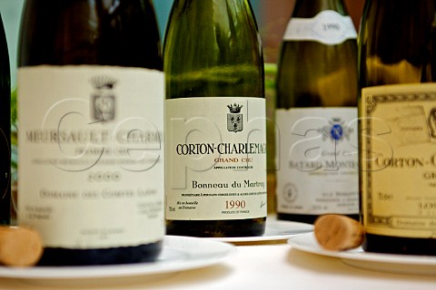 Bottles of Grand and Premier Cru Burgundy wine at a tasting