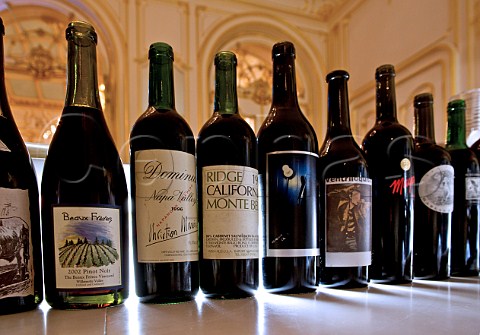 Bottles of top American wines at a tasting