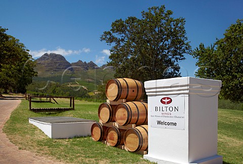 Barrel display in grounds of Bilton Wines with the Helderberg mountain beyond Stellenbosch Western Cape South Africa  Stellenbosch