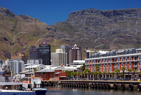 Highrise buidings viewed from the VA Waterfront with Table Mountain beyond   Cape Town Western Cape South Africa