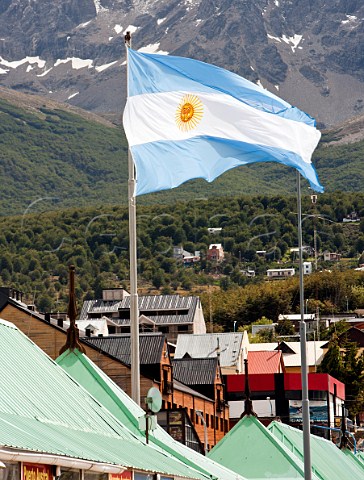 Argentinian flag flying over Ushuaia the southernmost city in the world  Argentina
