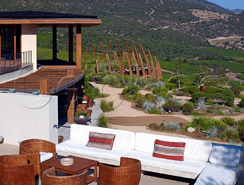 Terrace of the Lapostolle Clos Apalta Hotel above vineyards in the Colchagua Valley Chile