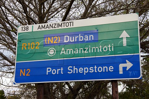 Road sign to Durban and Port Shepstone at Amanzimtoti KwaZuluNatal South Africa