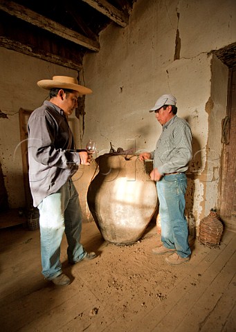 Renan Cancino left and fellow worker tasting their Grenache wine after a year in a tinaja sealed with mud The broken mud seal can be seen on the floor    La Reserva de Caliboro Cauquenes Maule Valley Chile