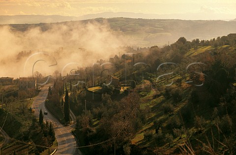Early morning view from the hilltop town of Montalcino Tuscany Italy Brunello di Montalcino