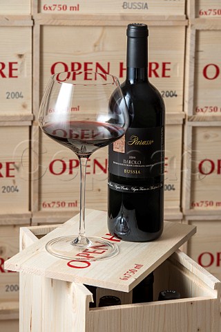 Bottle and cases of 2004 Barolo Bussia in cellar of Parusso Monforte dAlba Piemonte Italy