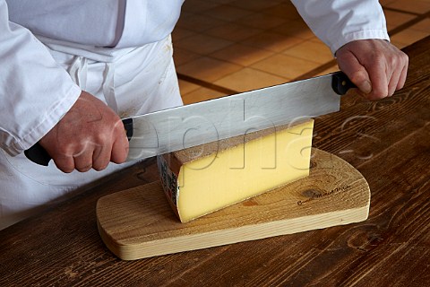 Slicing Comt cheese at Fromageries Marcel Petite Fort Saint Antoine near Malbuisson Doubs France