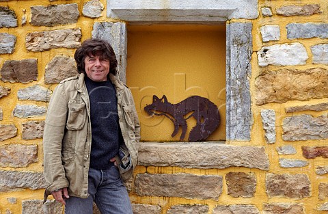 Philippe Bornard with fox sculpture as used on his labels Domaine Philippe Bornard Pupillin near Arbois Jura France ArboisPupillin