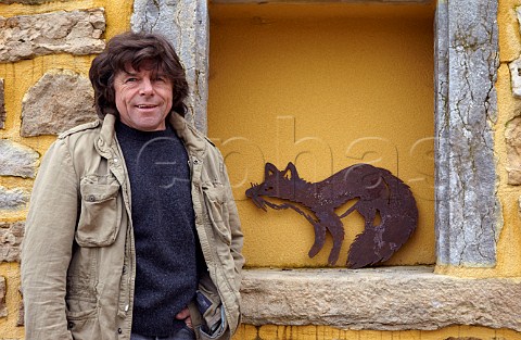 Philippe Bornard with fox sculpture as used on his labels Domaine Philippe Bornard Pupillin near Arbois Jura France ArboisPupillin