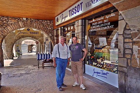 Jacques Tissot with his son Philippe outside shop of Domaine Jacques Tissot under the arcades by La Place de la Libert Arbois Jura France